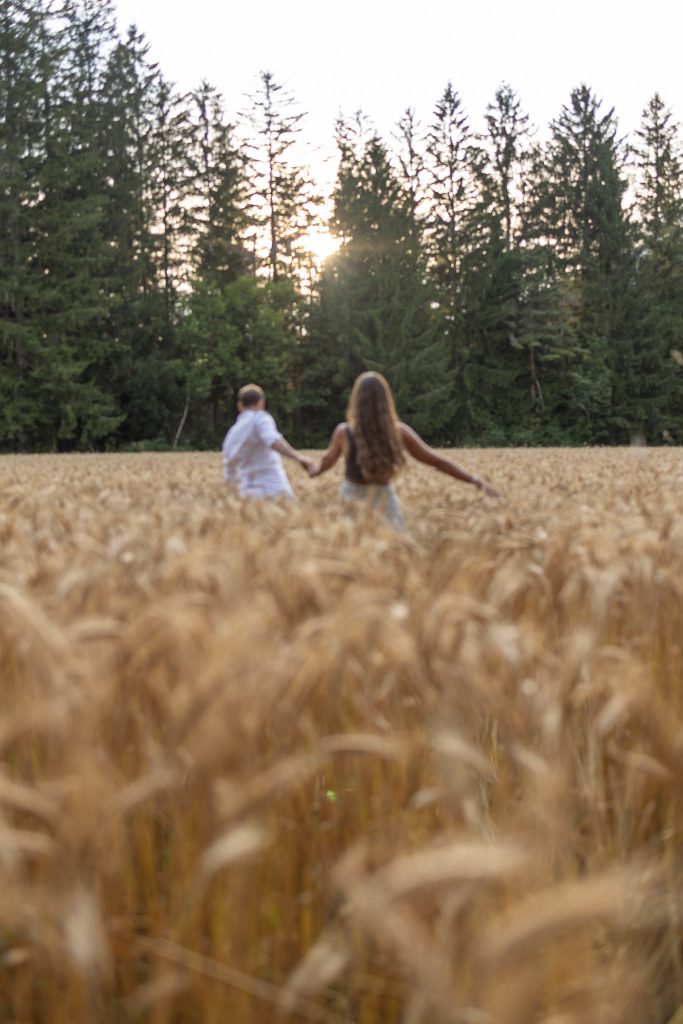 Paar geht Hand in Hand durch ein Getreidefeld, von hinten fotografiert